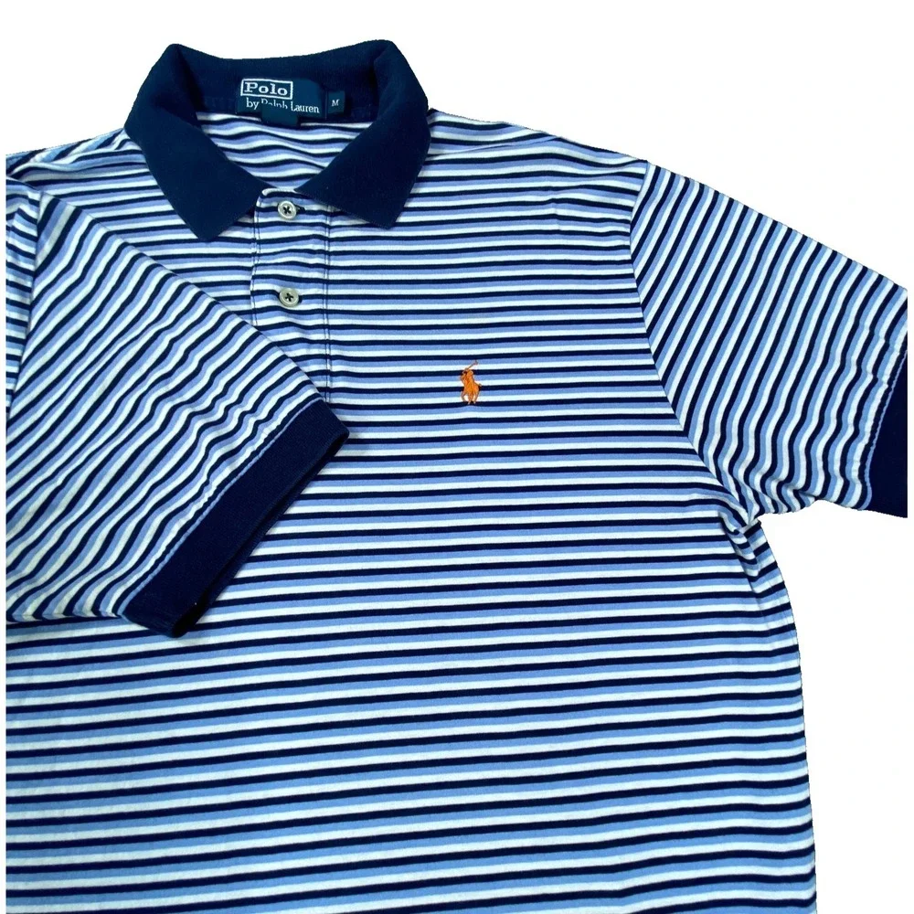 Vintage Polo Ralph Lauren Shirt Men M Blue Stripe Classic Fit Golf Preppy Casual